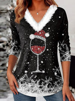 Special Black V-neck Long Sleeve Faux Fur Trim Top