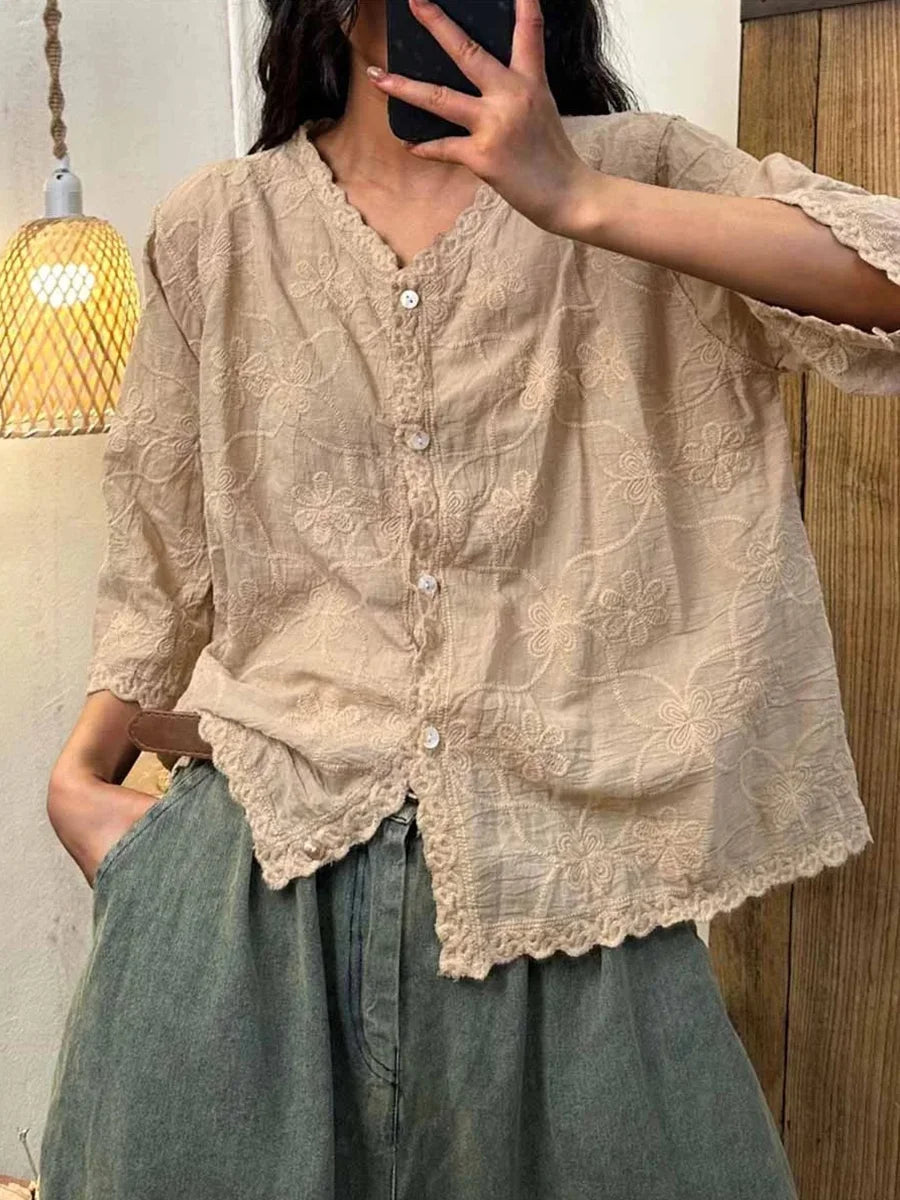 Elegant V-neck Half Sleeve Buttoned Casual Top
