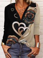 Black Casual Graphic Tops V Neck Floral Printed Long Sleeve Blouse