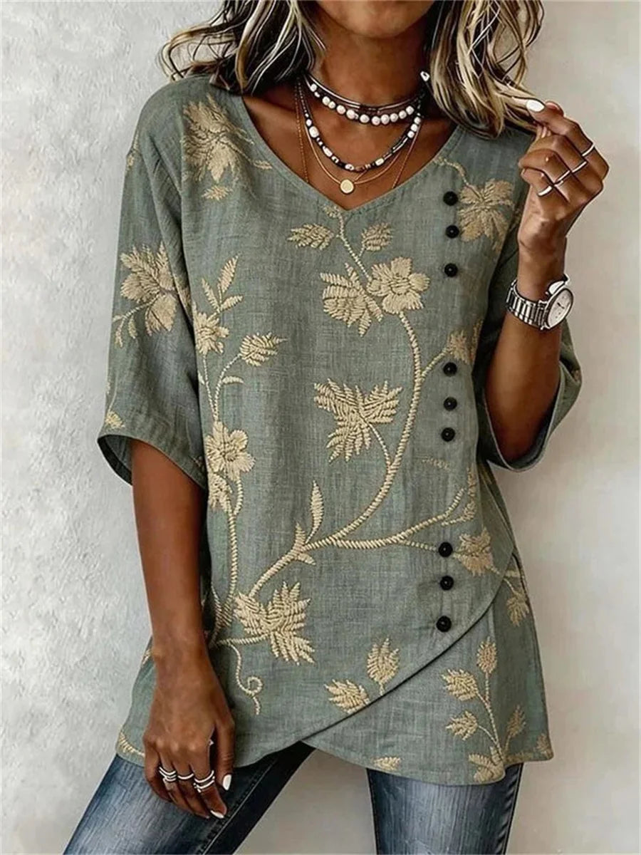Vintage Floral Print V-neck Half Sleeve Blouse