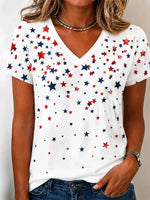 Red Blue Star Print V-Neck Short Sleeve Casual Tee
