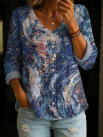 Oil Painting Art Pattern Casual V-neck Long Sleeve Shirt