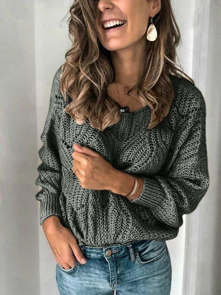 Solid Casual Round Neck Long Sleeve Sweater