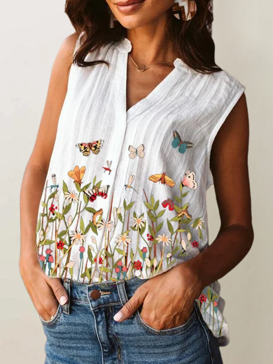 Butterflies Floral Print V-neck Sleeveless White Tank Top