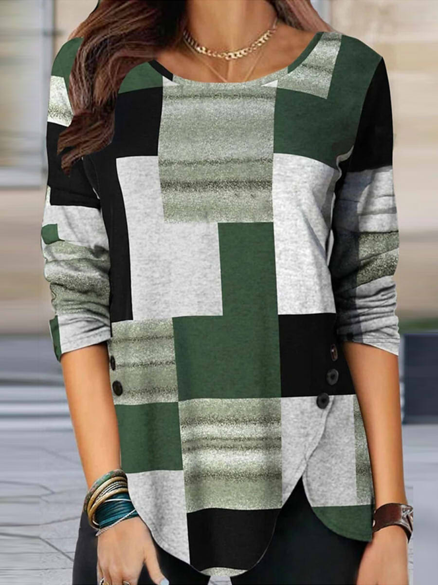 Round Neck Long Sleeve Geometric Painting T shirt