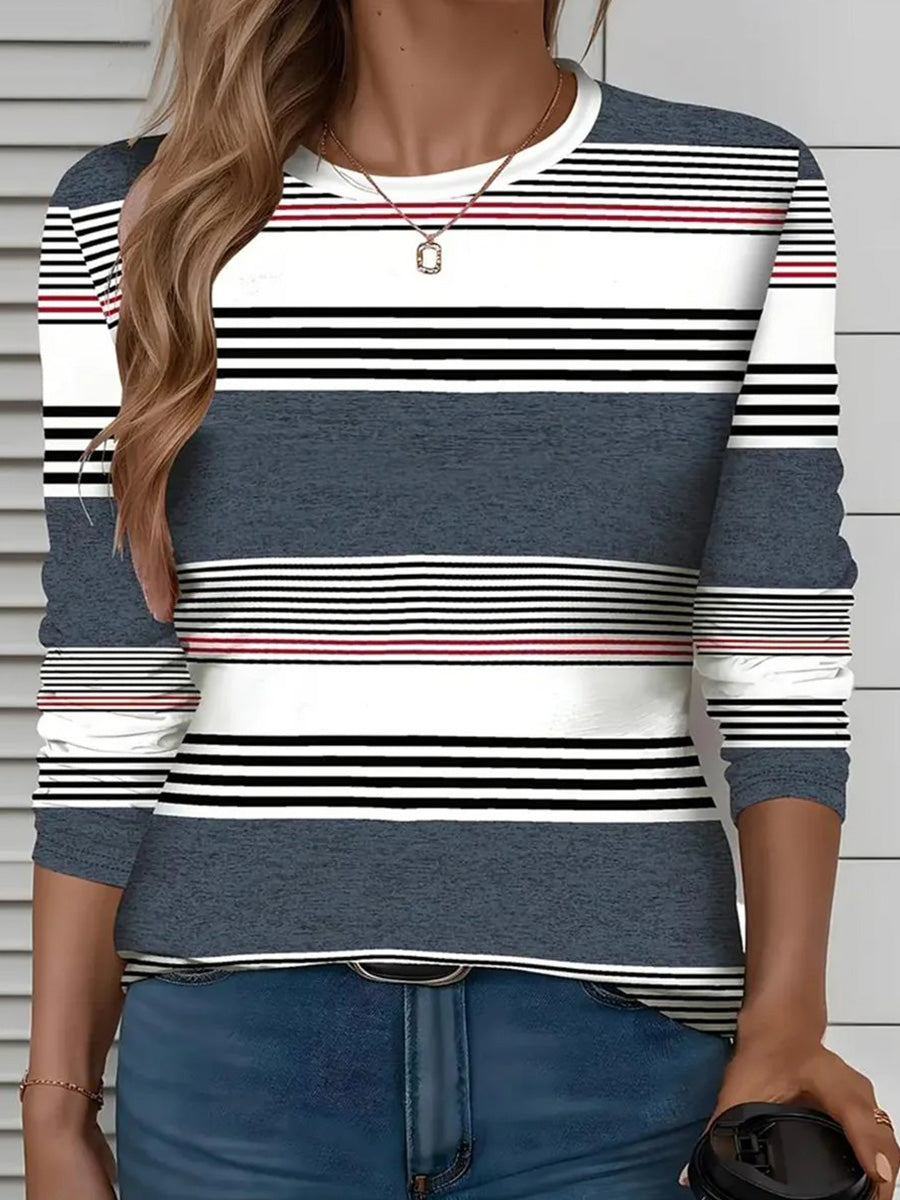 Youthful Round Neck Long Sleeve Striped Print Top