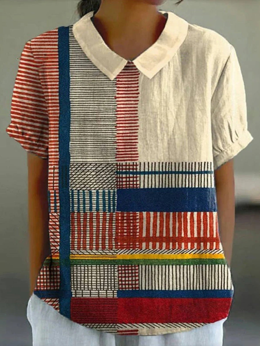 Vintage Colourful Striped Short Sleeve Blouse