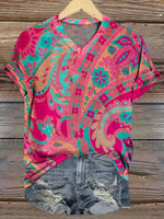 Vintage Floral Print V-neck Short Sleeve T-Shirt