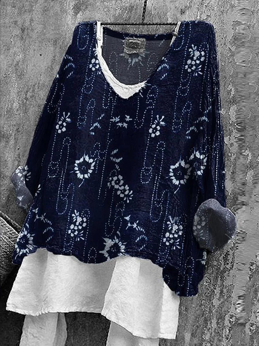 Boho-Chic Floral Printed Navy V-neck Long Sleeve Top