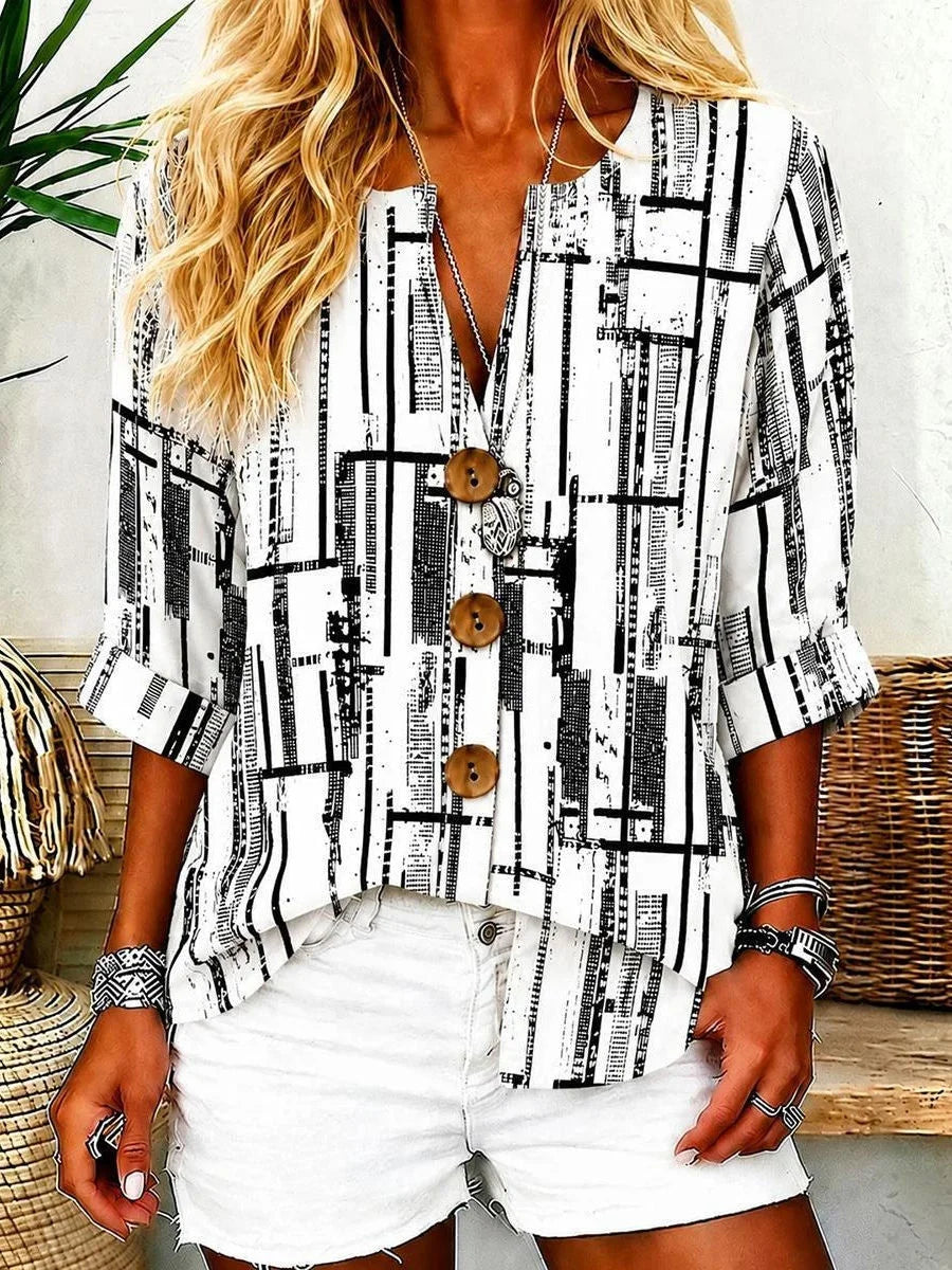 White Grid Geometric Cuffed 3/4 Sleeve Shirt Blouse