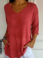 Women's Casual V-Neck 3/4 Sleeve Loose Knit Top