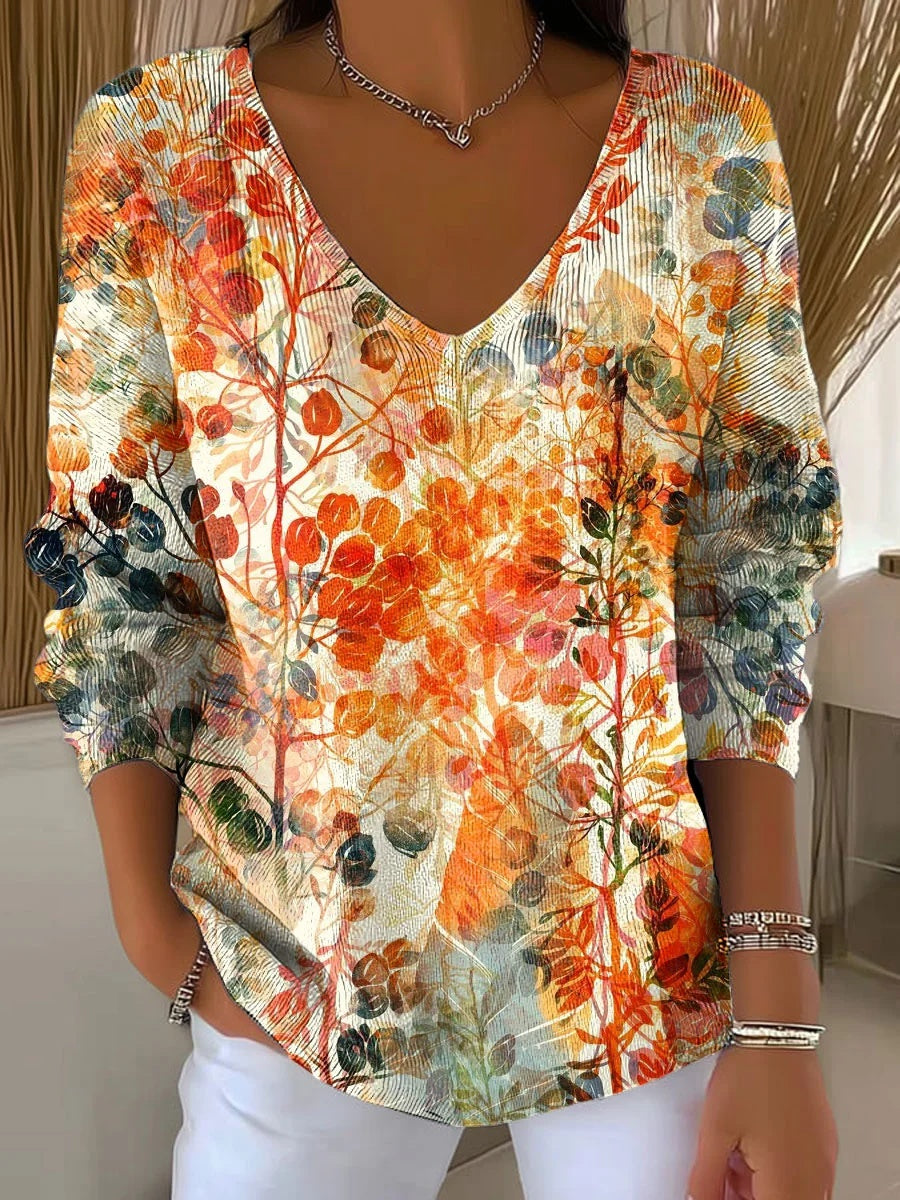 Women's Autumn Leaves Casual Print V-neck Long Sleeve Pullover Sweater