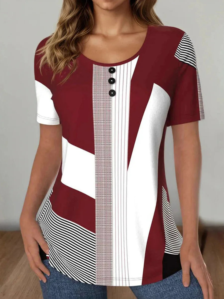 Colour Block Striped Round Neck Short Sleeve T-Shirt
