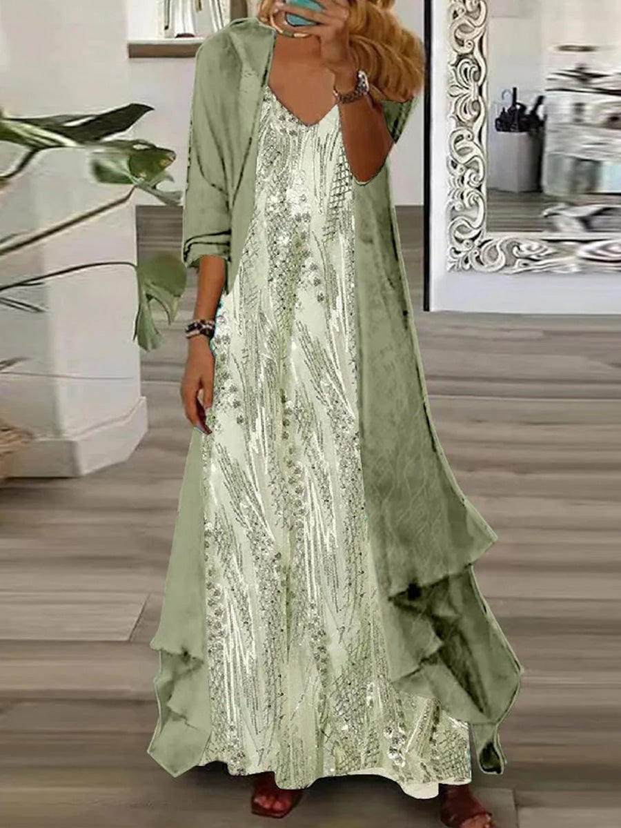 Casual Green V-neck Long Sleeve Maxi Dress With Jacket
