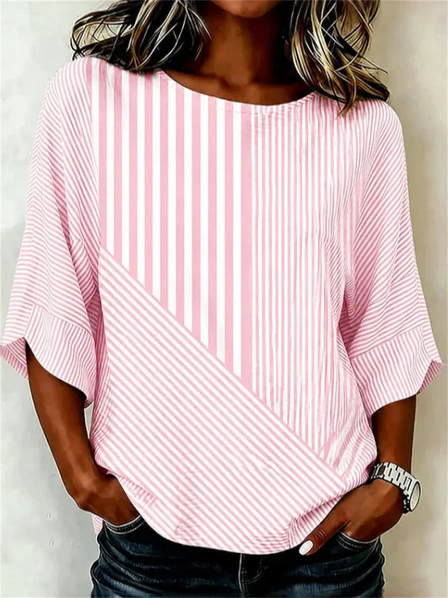 Casual Striped Round Neck 3/4 Sleeve Blouse