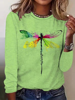 Casual Dragonfly Print Round Neck Long Sleeve T-Shirt