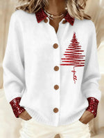 Unique Sequin Tree Printed White Long Sleeve Shirt