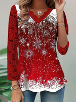 Long Sleeve V-neck Graphic Printed Stitching Lace Christmas Tops