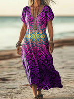 Groovy Purple Boho V-neck Short Sleeve Midi Dress