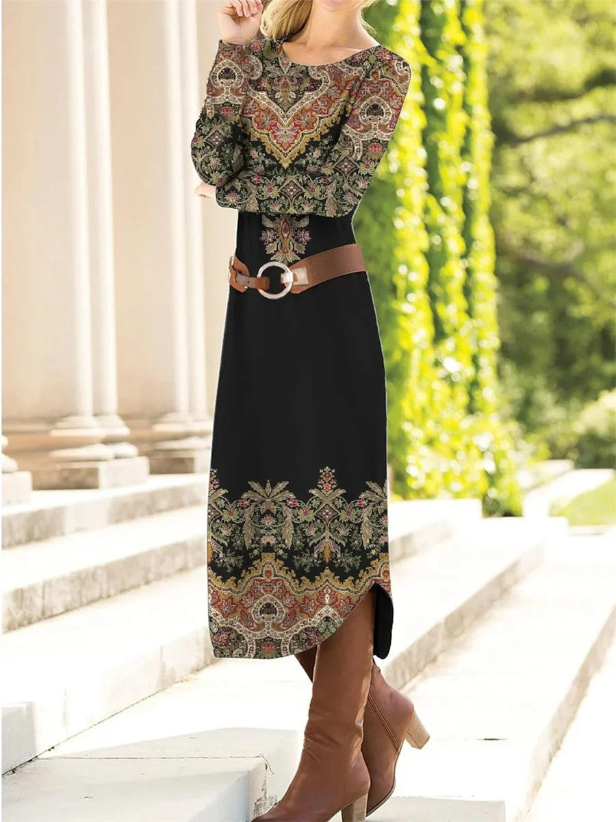 Elegant Round Neck Long Sleeve Ethnic Dress