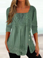 Women's Lace Patchwork Square Neck Tunic Top with Side Buttons