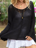 Black Casual Graphic Tops Round Neck Long Sleeve Hollow Out Sweater
