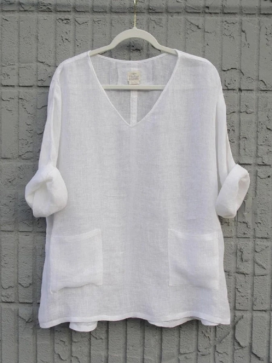 White Casual V Neck Solid Long Sleeve Blouse
