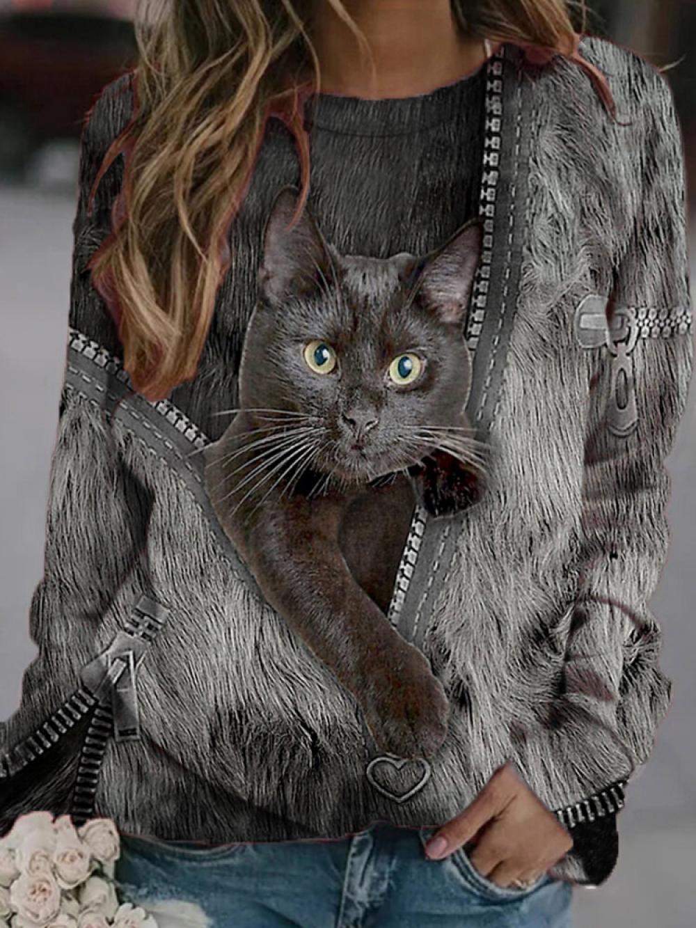 Black Cat Print Long Sleeves O-neck Casual Sweatshirt