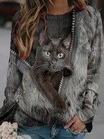 Black Cat Print Long Sleeves O-neck Casual Sweatshirt