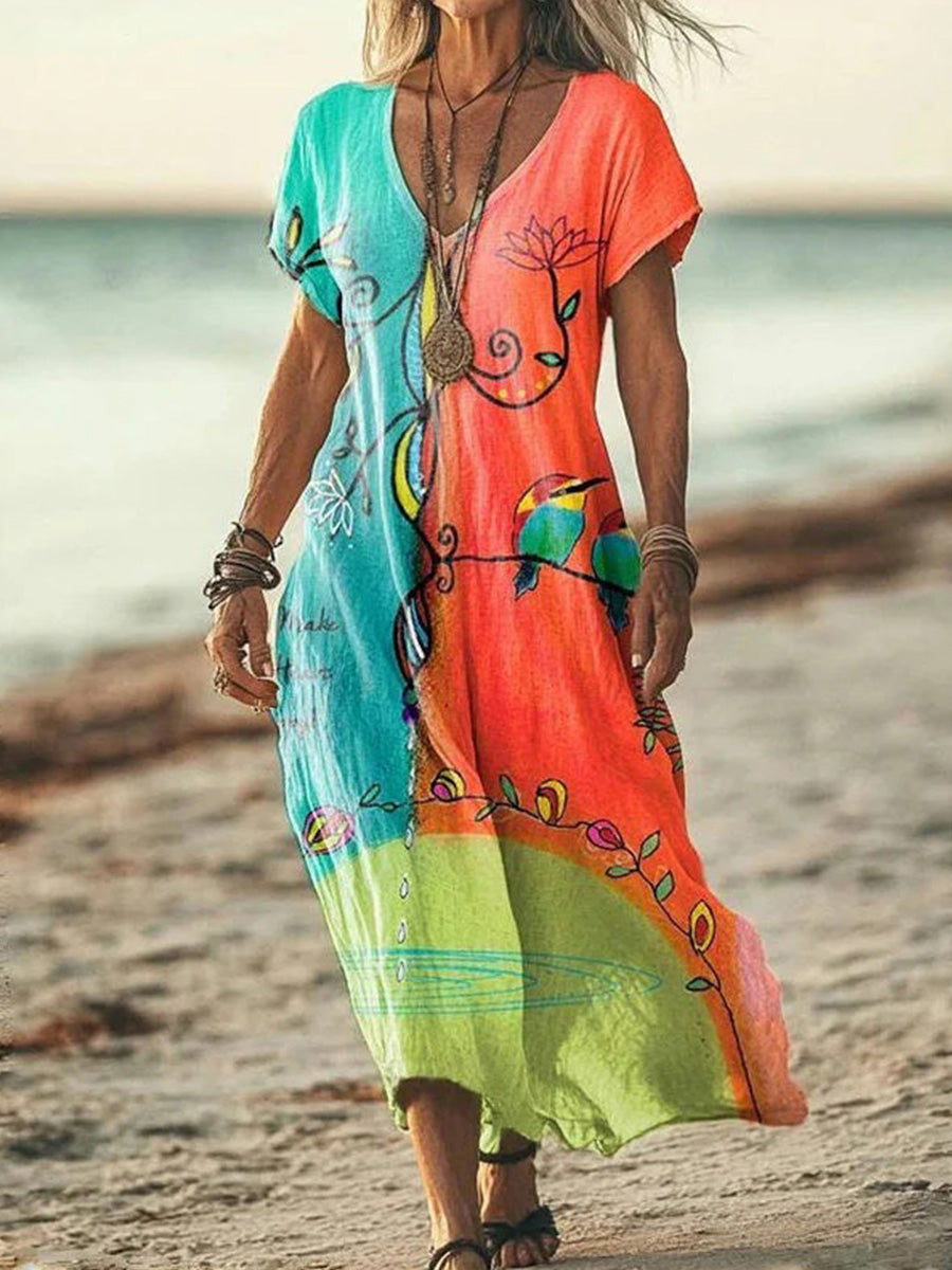 Vintage Colour Block V-neck Short Sleeve Dress