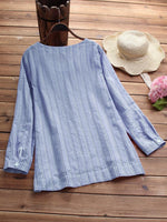 Side Buttons Stripe Cat Embroidered Patchwork Vintage Blouse