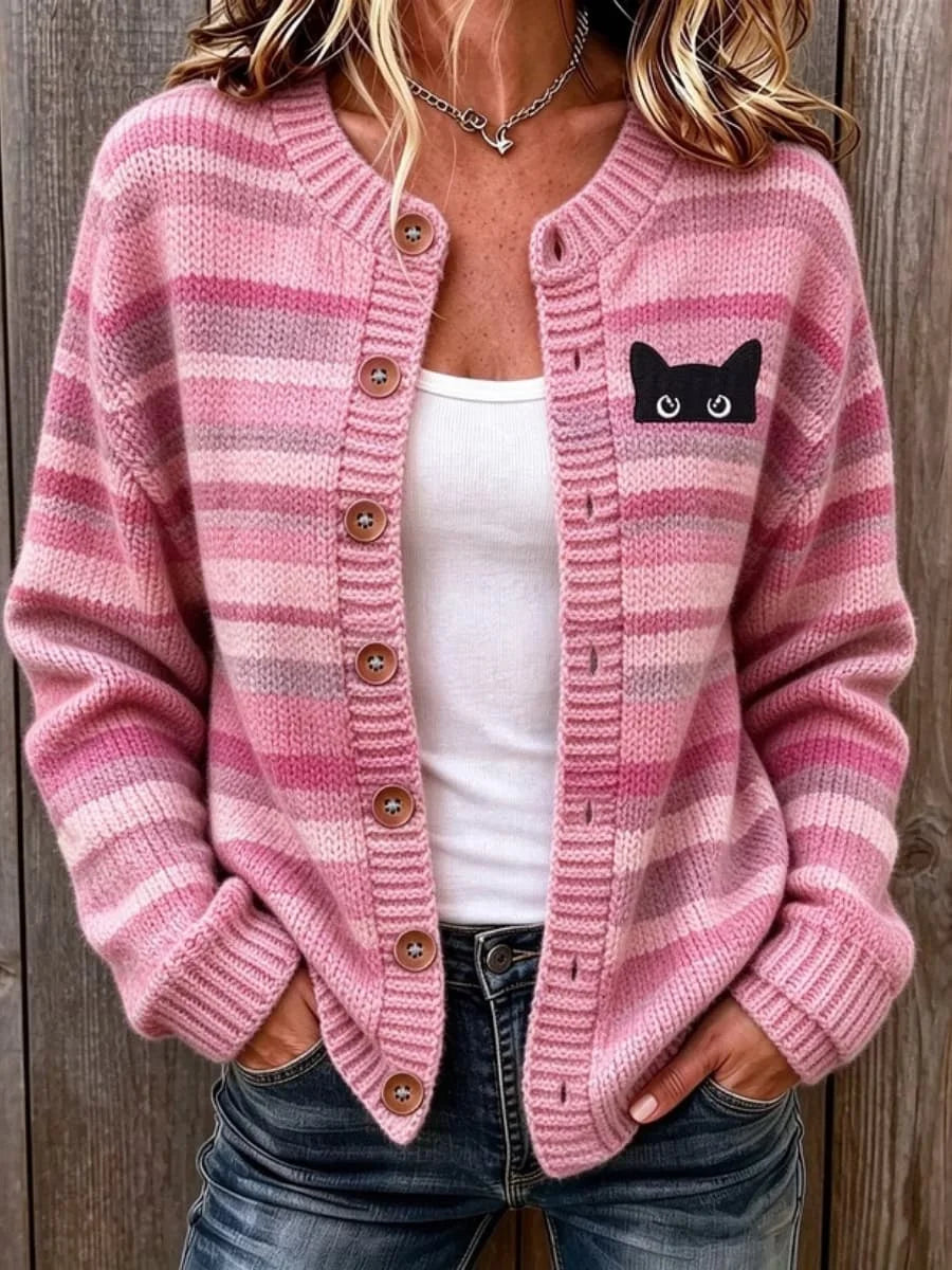 Women's Retro Black Cat Striped Print Crew Neck Long Sleeve Cardigan
