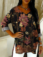 Vintage Floral Printed V-neck 3/4 Sleeve Shirt