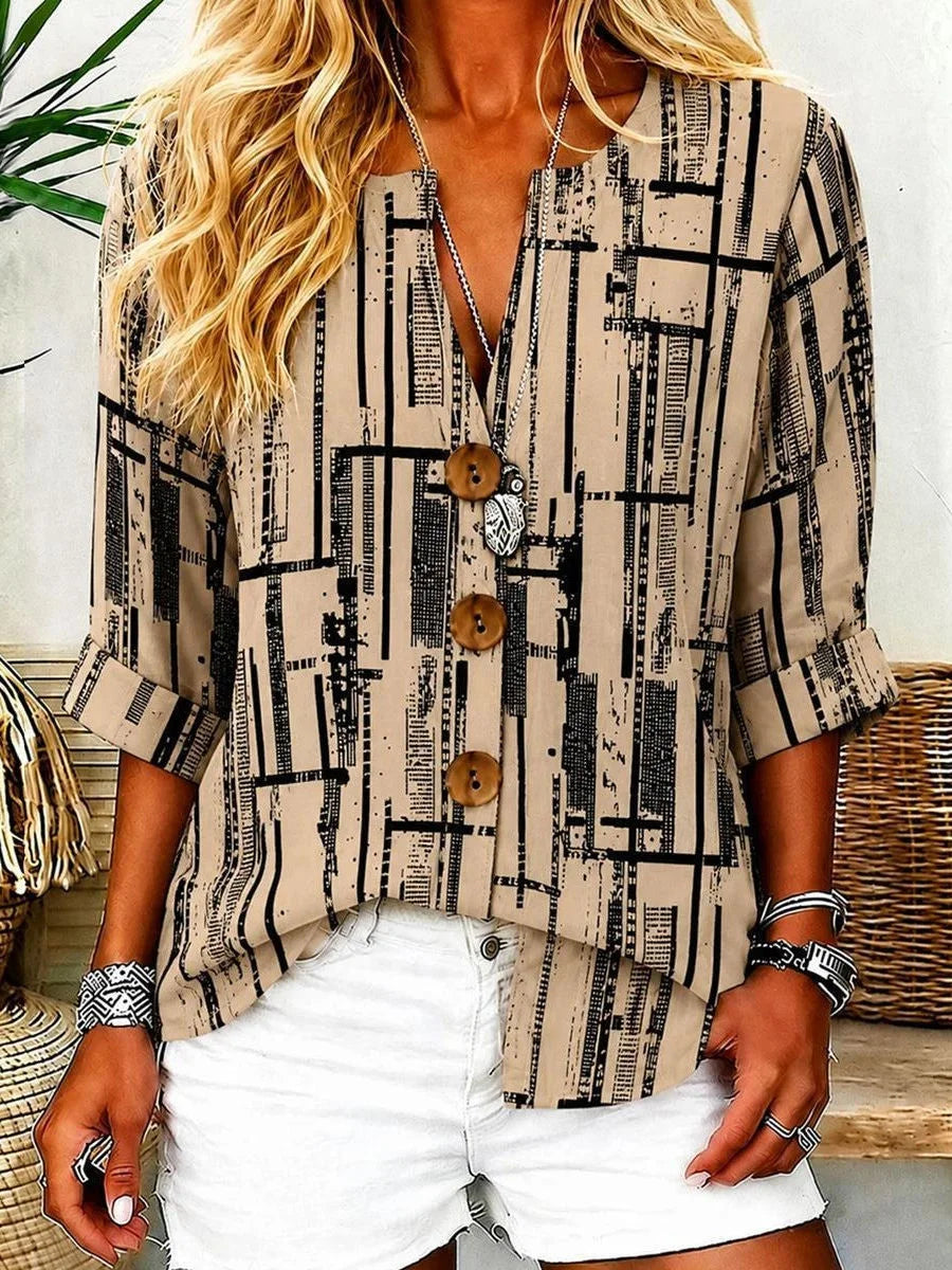 Khaki Grid Geometric Roll Cuff 3/4 Sleeve Top