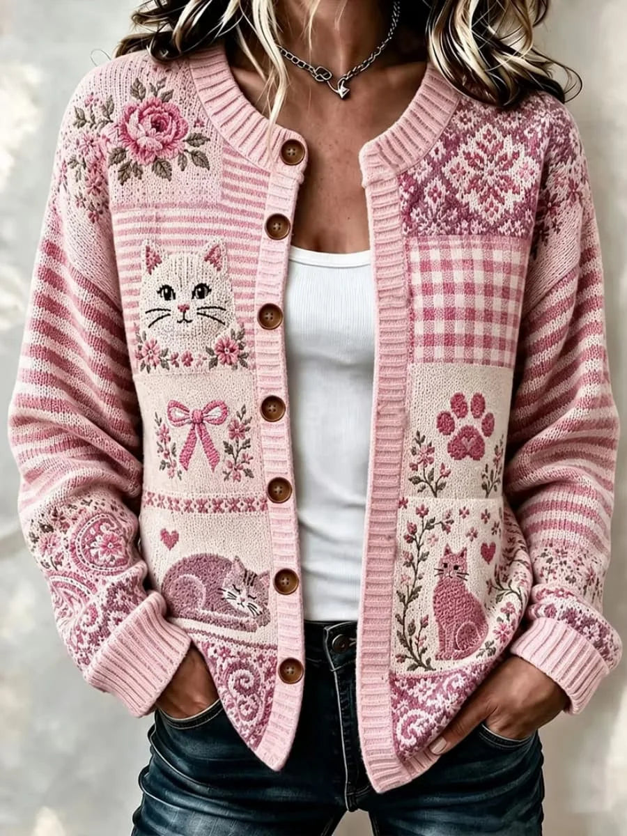 Women's Pink Halloween Floral Bow Cat Print Crew Neck Long Sleeve Cardigan