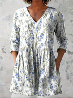 Women's Lovely Floral Art Print Casual V-Neck 3/4 Sleeve Shirt
