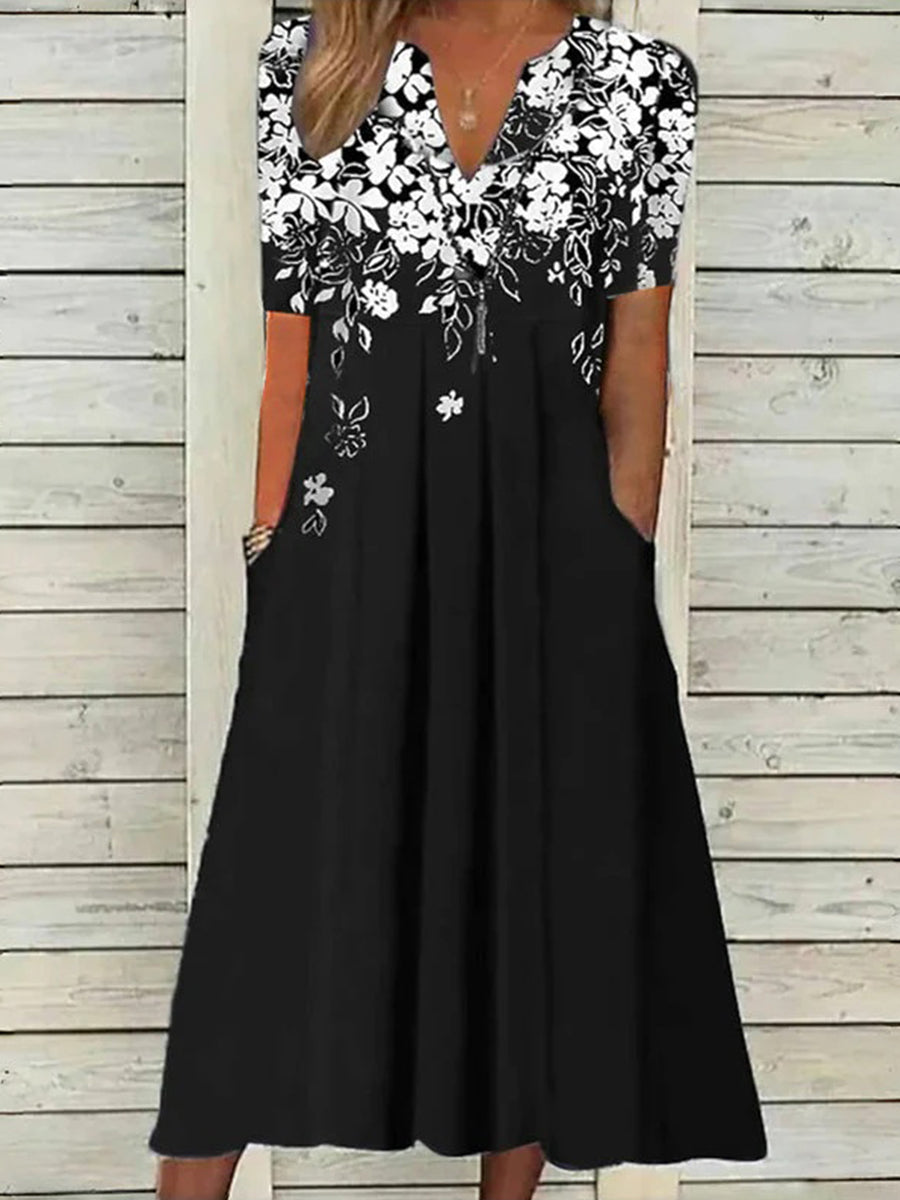 Vintage Floral Print V-neck Short Sleeve Dress