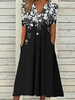 Vintage Floral Print V-neck Short Sleeve Dress