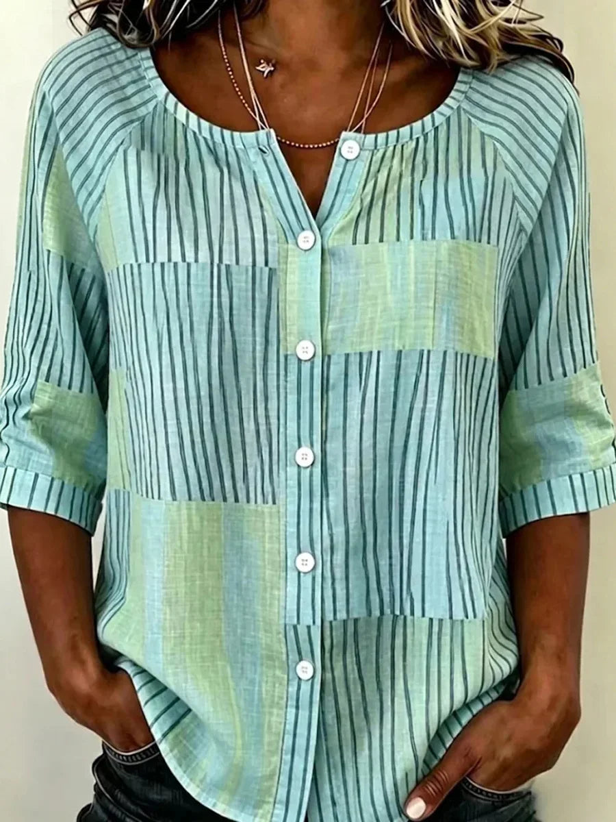 Blue Striped Patchwork 3/4 Sleeve Button Blouse