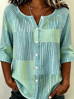 Blue Striped Patchwork 3/4 Sleeve Button Blouse