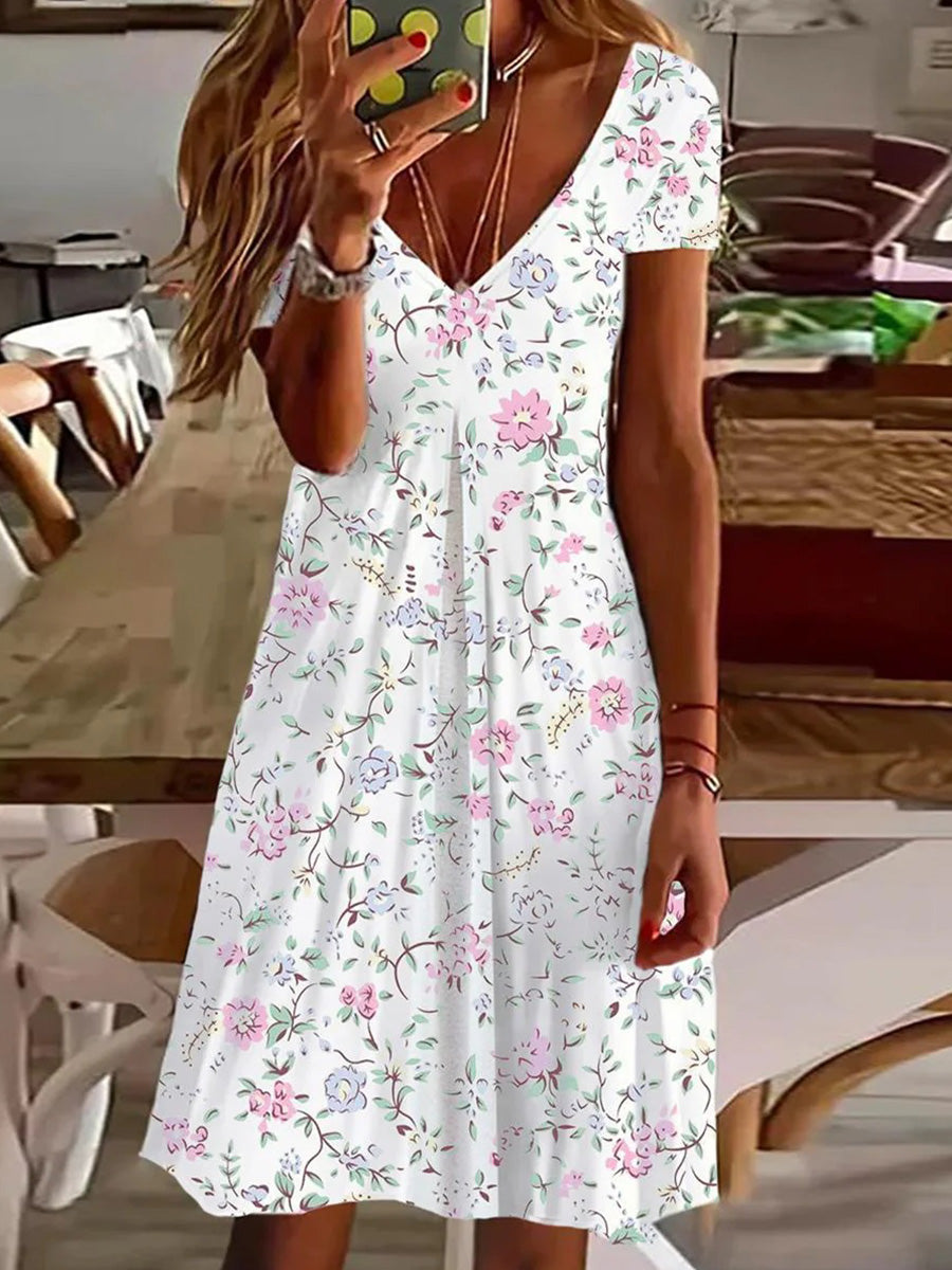 Floral Print V-Neck Short Sleeve Mini Dress