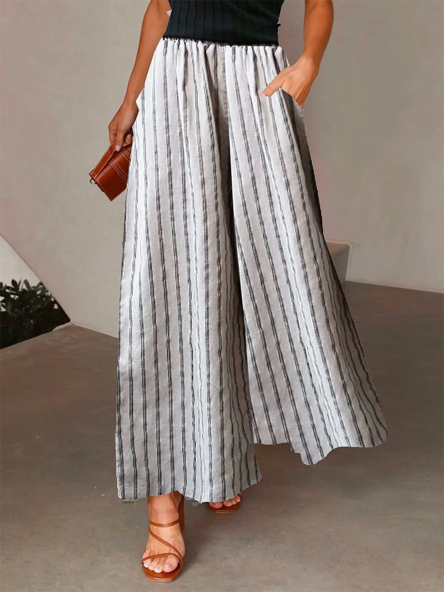 Casual White Striped Loose Pockets Pants