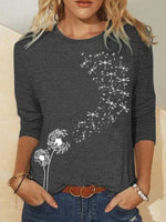 Deep Gray Casual Round Neck Long Sleeve Dandelion Printed Sweatshirts