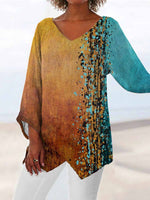 Yellow Casual V Neck Printed Long Sleeve Blouse