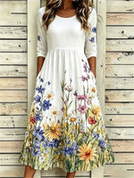 Casual Floral Print Round Neck 3/4 Sleeve Dress