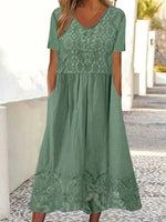 Green V-neck Short Sleeve Midi Dress