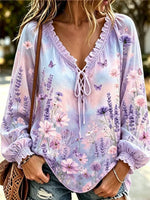 Women's Boho Floral Print V-neck Long Sleeve Blouse