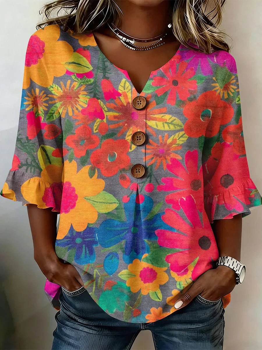 Colorful Floral Ruffle 3/4 Sleeve V-Neck Blouse