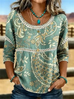 Vintage Ethnic Print Round Neck 3/4 Sleeve Blouse