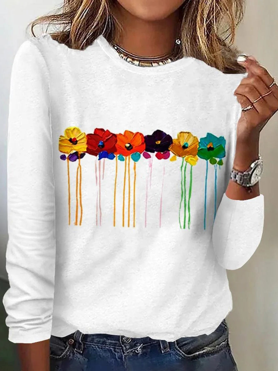Chic Round Neck Long Sleeve Floral Print Top
